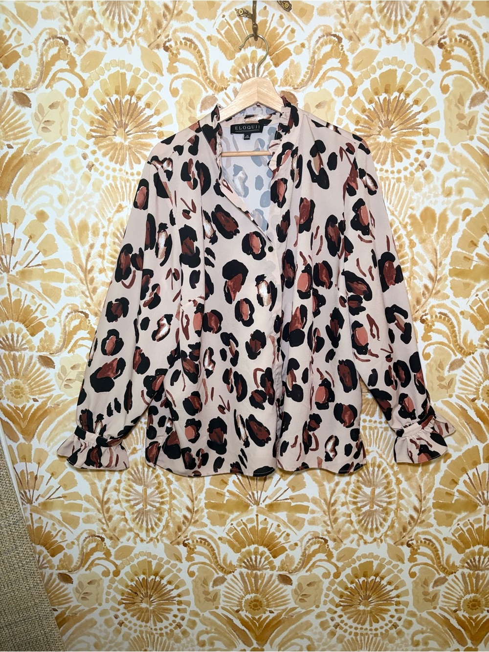 ELOQUII Leopard Print Ruffle Cuff Blouse | Animal Print Button Front Top - Picture 5 of 9